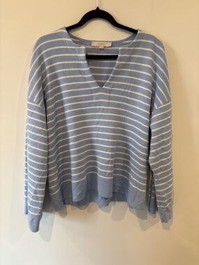 LOFT Light Blue & White Striped V-Neck Sweater